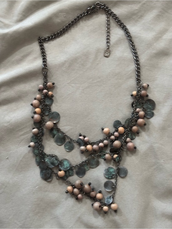 Jewelry - Statement Layered Beaded Disc Charm Necklace Gray Turquoise Brown Boho-Chic
